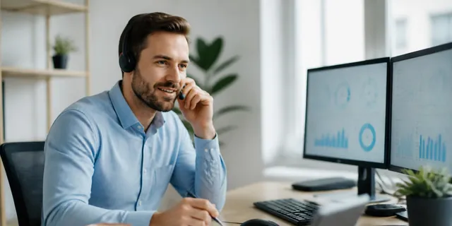 A support engineer on a call at a desk with two monitors