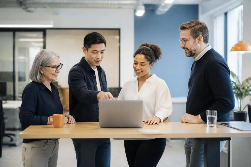Four colleagues talking around a laptop at a standing desk